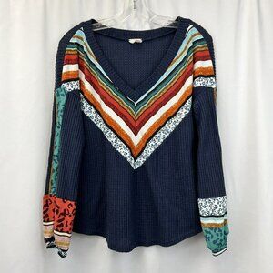 Lovely Melody V-Neck Multicolor Multi-Pattern Lightweight Sweater Size Small